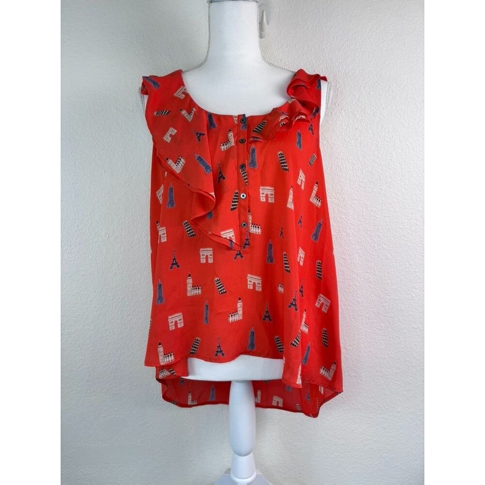 Maeve Anthropologie women's 6 orange asymmetrical hem Eiffel tower ruffle tank